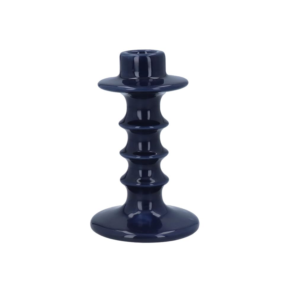 Gisela Graham Glazed Ceramic Hooped Candlestick, 14cm, Candle Holder (Blue)