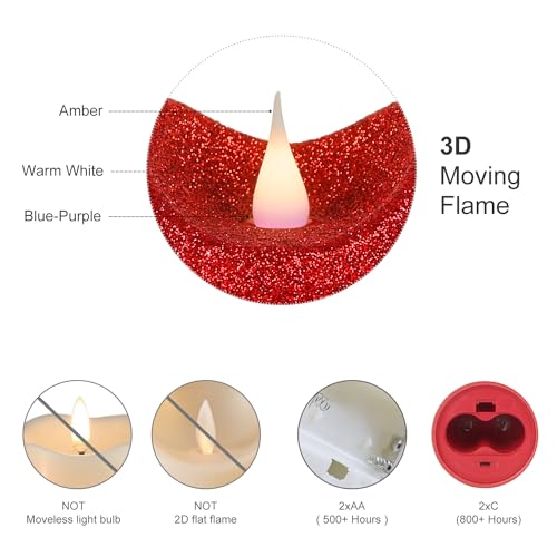 Image of Pack of 3 Red Glitter Candle 3D Moving Flame LED Candles,10-Key Remote, Battery Powered Flameless Candle with Timer, Home Decor Bedroom, Hallway, Wedding Events