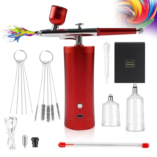 Holzsammlung Kit de Aerografo con Compresor, Aerógrafo Portátil Inalámbrico Recargable, Multifunción Airbrush Kit, Aerografo para Uñas, Modelismo, Maquillaje, Decoración Pasteles (Rojo)