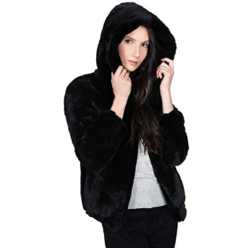 OBURLA Women's Real Rex Rabbit Fur Jacket with Hood Fur Hooded Parka | Soft, Luxurious and Warm Winter Coat (Extra Small) Black
