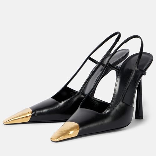 THESHY Womens Slingback High Heels Metal Pointed Toe Leather High Stiletto Heel Pumps Slip on Elastic Strap Fashion Dress Shoes for Women2