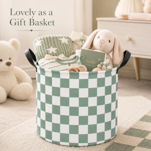 Image of MAIZMZ 3 Pack Sage Checkered Storage Baskets Kids Hamper, 15.7 inchD x13.3 inchH, Waterproof Lining, Leather Handles, Collapsible for Laundry, Toys, Clothes, Gift Set