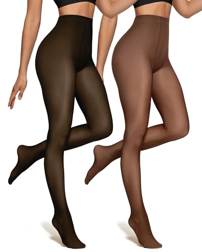 OEAK Womens 2 Pack Fleece Lined Tights Fake Translucent Pantyhose Thermal Opaque High Waisted Leggings Footed Sheer Tights