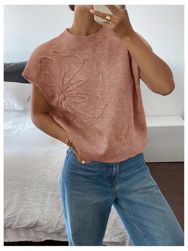 Image of SOLY HUX Women's Short Sleeve Sweater 3D Floral Sweaters Pullover Tank Tops Knit Vest Trendy Fashion Clothing