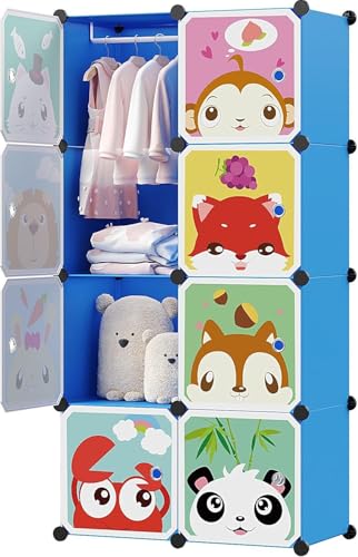 Image of 8 Door Kids Cartoon Wardrobe Storage Cabinet - DIY Modular Clothes Organizer with Hanging Cartoon Design Wardrobe with Multi for Bedroom, Living Room,Entryway