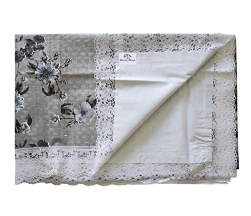 Image of Heart Home Flower Printed PVC Spillproof, Waterproof, Antislip, Wipe Clean 4 Seater Center Table Cover with White Lace Border, 40 inchx60 inch (Grey)