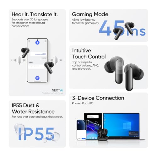 Image of realme Buds Air 8 Pro TWS Earbuds with 11mm+6mm Dual DAC Drivers| 55dB ANC| 6-Mic VPU| 3D Spatial Audio |50H Playtime| IP55 Rating (Master Black)