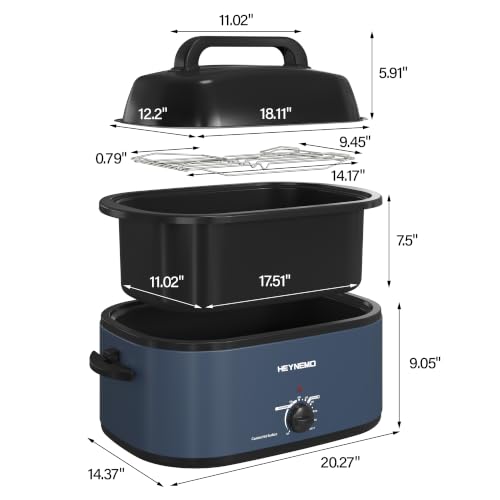 Image of 28Qt Electric Roaster Oven, with Self-Basting Lid, Removable Pan, Cool-Touch Handles, 1450W Stainless Steel Turkey Roaster Oven, Blue