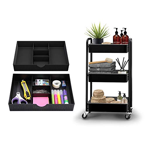 CAXXA 3 Tier Utility Cart - Black + 2 PK Desk Drawer Organizer with Adjustable Dividers - Black