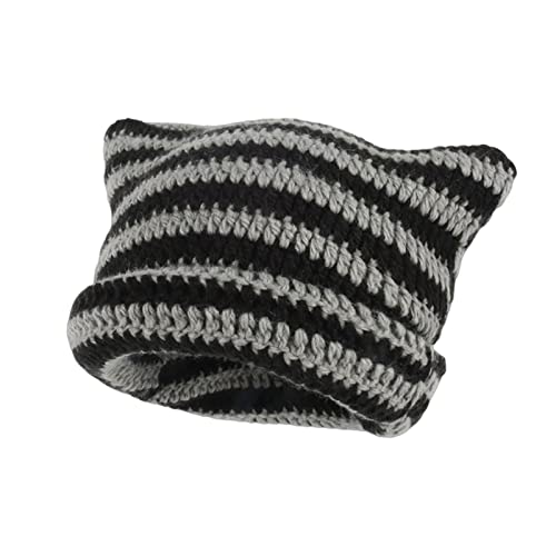 Cat Beanie Y2k Mütze Häkelmütze Katzenohren Beanie Strick Gestreifte Fuchs Teufel Ohren Winter Warme Mütze für Frauen, Schwarz, 1 Cover