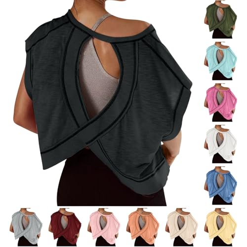 Opiniones de Camisetas y tops para comprar hoy. 49 Camisetas de entrenamiento de espalda abierta para mujer, manga corta, atlética, de gran tamaño, casual, de moda, Y2K, para gimnasio, yoga, negro (A01 Black), S