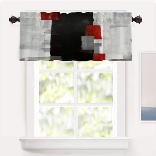 Shrahala Grey Modern Modern Art Blackout Short Curtains for Windows, Red Art Plaid Kitchen Valance Thermal Insulated Rod Pocket Window Treatment for Bathroom 52 X 18 in