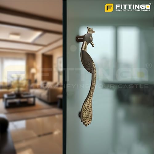 Image of Peacock Design Main Door Handle 10 Inch| Brass Antique Finish Pull Handle| Zinc Alloy Handle for Wooden & Glass Doors |Home, Office & Hotels | Hole-to-Hole 200mm | 3 Years Warranty | Set of 1
