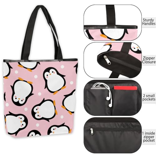 Canvas Tote Bag for Women Men Cartoon Penguins Pink Canvas Handbag Shoulder Tote Bag with Zipper Closure Reusable Grocery Bag Shopping Cloth Bag with Handles for Beach Gym Picnic Work4