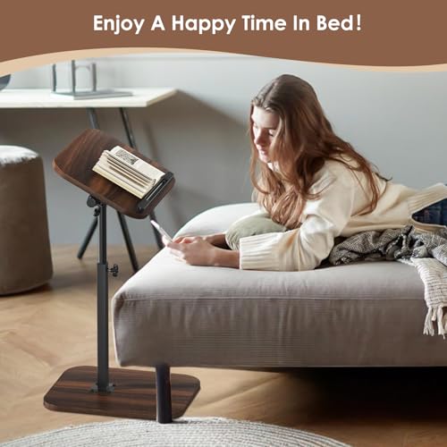 Image of Side Table Sofa Tv Tray Height Adjustable C Shaped End Table 360 Swivel Overbed Living Room Couch Table, Walnut