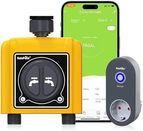 RAINPOINT Centralina Irrigazione WiFi 2 Vie, Timer Irrigazione Smart, Controllo App/Vocale/Manuale, Irrigazione Basata Sull'umidità del Terreno/Meteo, Irrigazione Automatica per Prato/Giardino/Serra