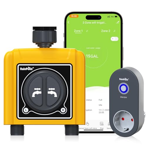 RAINPOINT Bewässerungscomputer WLAN 2 Ausgänge Automatische Bewässerung für Garten, nach Zeit/Wassermenge/Wetter/Bodenfeuchtigkeit anpassen, App/Sprachsteuerung kompatibel mit Alexa, Google Assistant