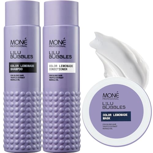 Moné Professional – Set para cabello descolorido y rubio – Champú + Acondicionador (no violeta) + Máscara (no violeta) – Cabello rubio, decolorado, claro, gris