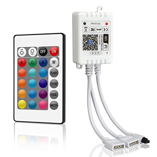VIPMOON RGB Control Box 12V-24V Controleur LED RGB WiFi avec Telecommande IR 24 Bouton pour Bande LED 5050 3528 Compatible avec Alexa, Google Assistant,Android/iOS,contrôlé par WiFi/App