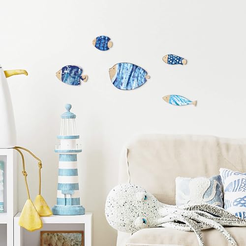 Putuo Nautical Beach Wall Decor - Wooden Fish Sculpture for Lake House, Ocean Decor, Vintage Blue Fish Ornaments for Home, Bathroom, Bedroom, Kids Room (6.5 in) - Image 4