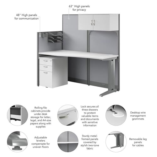 Pemberly Row 65W Cubicle Desk with Storage, Engineered Wood, Pure White Finish, Includes File Cabinet, Paper Tray, Pencil Holder, Privacy Panels, Commercial Office Desk for Organized Workstation Use - Thumbnail 5