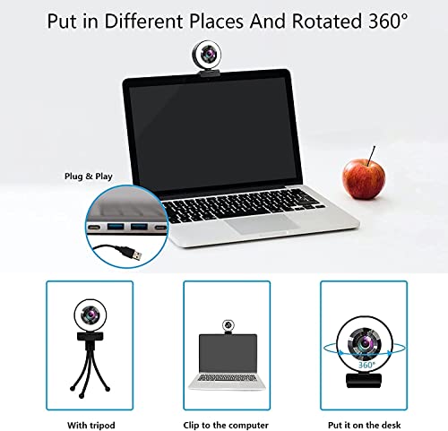 1080P Webcam, HD-Webcam mit Mikrofon Licht, USB PC Camera Sichtfeld mit 90° Plug-and-Play,Webcam mit Stativ für Zoom/Skype/Teams, Konferenzen und Videoanrufe – Bild 6