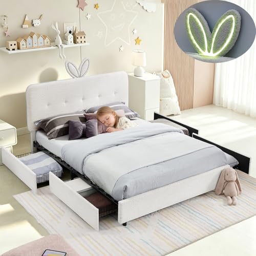 Image of Queen Led Bed Frame with 4 Storage Drawer, Upholstered Platform Floor Bed with Rabbit Ear Headboard Daybed Strong Wooden Slats No Box Spring Needed for Kids Girls Boys, Beige