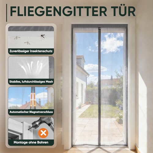 Sekey Fliegengitter Tür für Balkontür Magnet Insektenschutz Türvorhang Moskitonetz 90x210 cm Grau – Ansicht 4