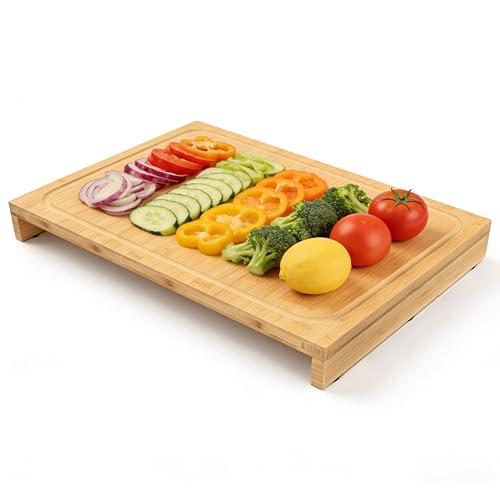 BAMOTTO CRAFTBAMBOO 12.6x22 Inch Large Bamboo Cutting Board Countertop Dishwasher Cover Over Sink & RV Stovetop Cover Board with 2 Detachable Support Panels Reversible with Juice Groove