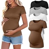 Locoowai 4 Pack Women's Maternity T-Shirts, Short Sleeve Yoga Casual Summer Crew Neck Pregnancy Tees Mama Tunic Tops Blouse(Black, Light Gray, White, Coffee,Large)