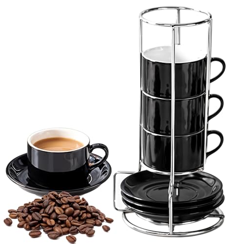 4x160ml Espresso Cups with Saucers and Metal Stand, Porcelain Cappuccino Cups, Stackable Expresso Coffee Cup, Stacking Mugs for Coffee Drinks, Latte, Americano, Tea and Cappuccino