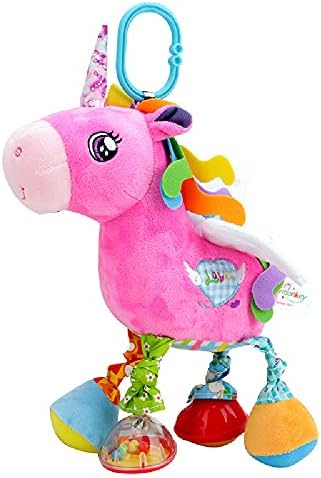 D-KINGCHY Baby Car Stroller Rattle Toy, Hanging Stuffed Animal Plush Ring, Newborn Crib Bed Around Toy with Sound and Handle for 0-3 Years Old (Unicorn)