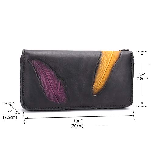 Women's Wallet Genuine Leather Zip Around Wristlet Long Purse Vintage Embossing Cowhide Capacity Handmade Clutch(Darkgrey)3
