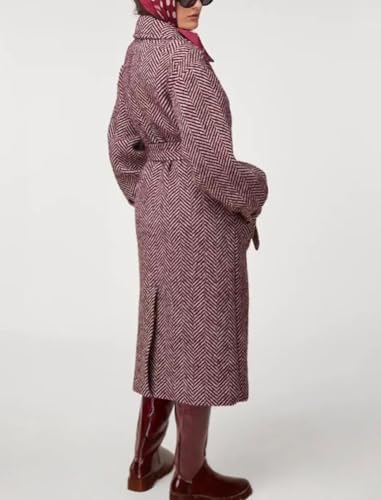 chouyatou Women's Winter Herringbone Single Breasted Wool Coat Long Lantern Sleeve Belted Midi Long Trench Coat3