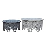 The Urban Port Nesting Coffee Tables, Set of 2, Handcrafted Carved Cut Out Floral Motifs, Antique White and Gray