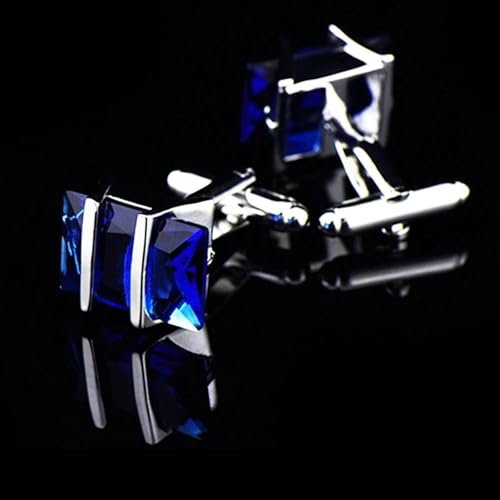 Gemelos para hombre rectangulares en azul y plateado con circonia cúbica para camisa formal 3