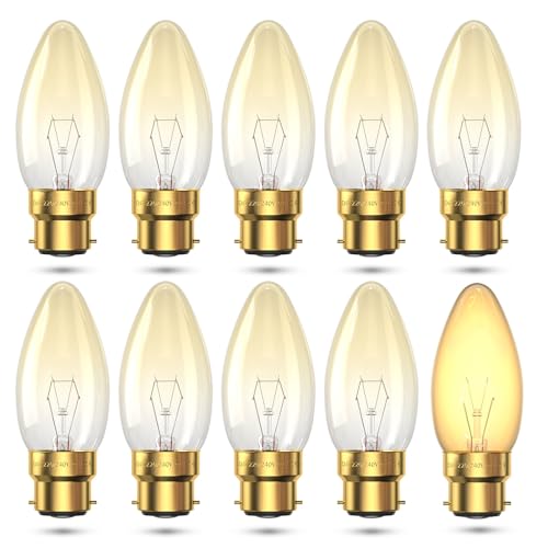 Bonlux B22 Bayonet Vintage Candle Light Bulbs Dimmable, 35-42W BC C35 Light Bulb, Industrial Style Antique Bayonet Candle Bulb, 2700K Warm White, 10-Pack