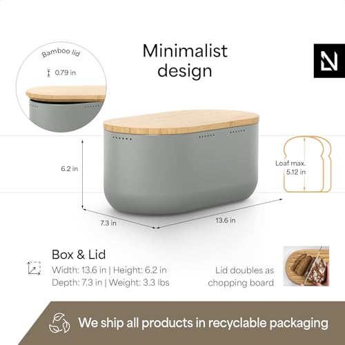 Image of LARS NYSOM Bread Box I Metal bread box for long lasting freshness with non-slip pads I Baked goods Bin with bamboo lid usable as cutting board I 13.6x7.3x6.2in (Ash Gray)