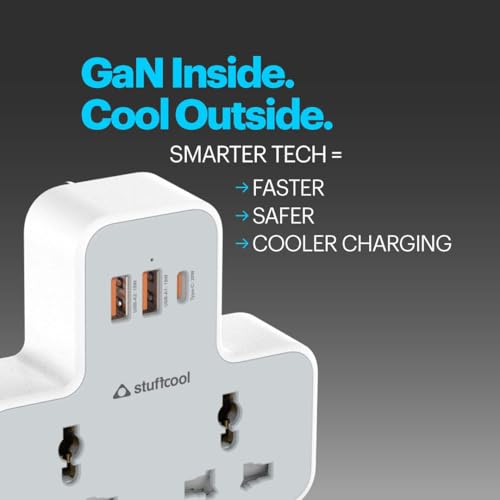 Image of Stuffcool ChargeT 2 AC Universal Socket with Built in 20W GaN Charger, with Surge Protection for Type C Ports, Made in India, with 3 PIN Plug, Works with 6A Plugs, Without Blocking Adjacent Plugs