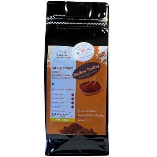 Image of Bluhills Mellow Medley - Blend of Pure Arabica & Robusta Coffee, 500g, Wayanad Robusta & Arabica blend, freshly roasted and ground for a perfect filter coffee, stove top, or drip brew