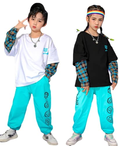 チェック柄 ジャズ衣装 子供服 ダンスウェア パフォーマンス 舞台服 発表会 ヒップホップ チアガール カッコイイ カジュアル ゆったり ステージ 演出服 写真?影用 パーティー イベント ストリート (ホワイト,120)