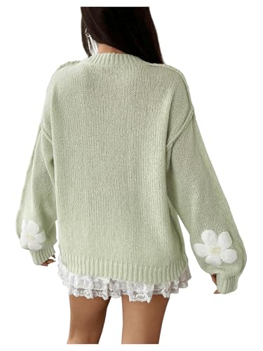 SHENHE Women's Flower Sweater Crewneck Long Sleeve Drop Shoulder Knit Sweaters Pullover Tops2