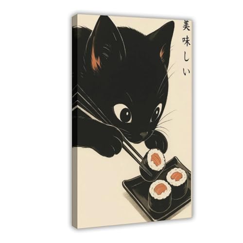 Lienzo decorativo japonés con diseño de gato negro comiendo sushi para pared, 40 x 60 cm