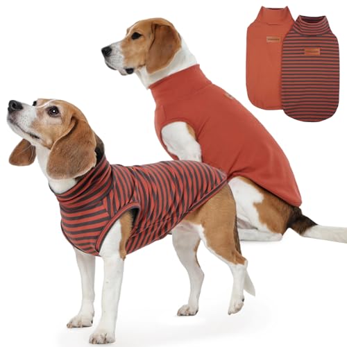 FUAMEY 2 Pack Dog Fleece Vest for Large Dogs,Shih Tzu Frenchie Stretchy Dog Sweatshirts Warm Dogs Pullover Winter Pet Sweaters with Leash Hole Puppy Turtleneck Sleeveless Orange L Large(Ches