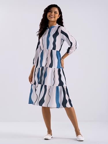 Image of AASK Women Diamond Creap Striped Printed Mandarin Collar Fit & Flare Dresss