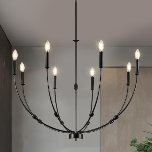 Black Chandelier 35 inch, 8-Light Modern Farmhouse Chandeliers for High Ceiling, Industrial Pendant Light Fixture for Foyer Hallway Entryway, Bedroom, Living Room, Kitchen