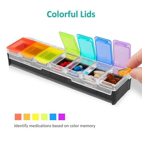 Image of Fullicon Weekly Pill Organizer 7 Day Quick Fill & Spill Proof Designed Large Pill Box with Free Labels Travel Medicine Organizer for Medicine, Vitamin, Fish Oil, Supplement (Rainbow Black Patet)