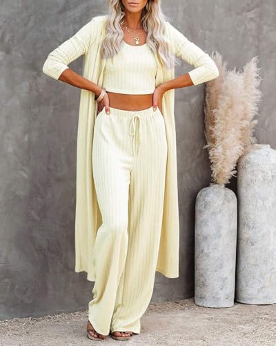 Image of Fessceruna Womens 3 Piece Lounge Pajamas Sets Cute Vacation Matching Set | Pj Sets, Airport Travel Outfits, Bedroom, Winter Fall Loungewear , Cotton, Christmas
