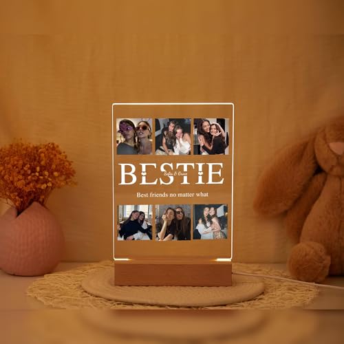 Image of Friendship Day Custom Photo Collage LED Lamp, Personalised Acrylic Night Light for Best Friends, Warm White, Wooden Base, Touch Control, Modern Style (Bestie 3)