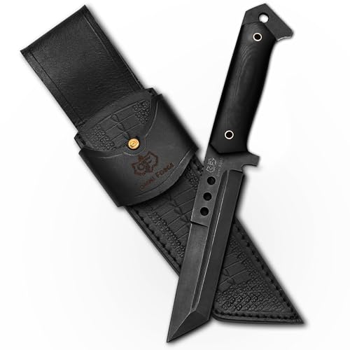 OMMI FORGE Tanto Hunting Knife- Handmade Tactical Fixed Blade Full Tang knife - Outdoor Capming knife With Leather Sheath- Best Men Gift